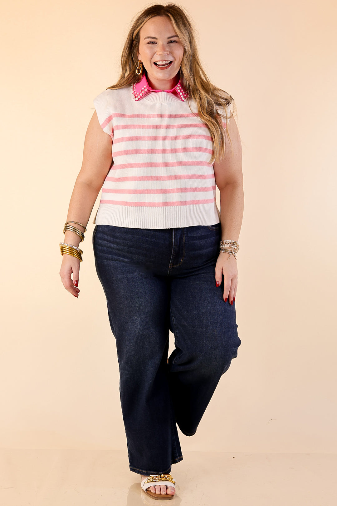 Stripe Things Up Drop Shoulder Knit Sweater in White with Pink Stripes