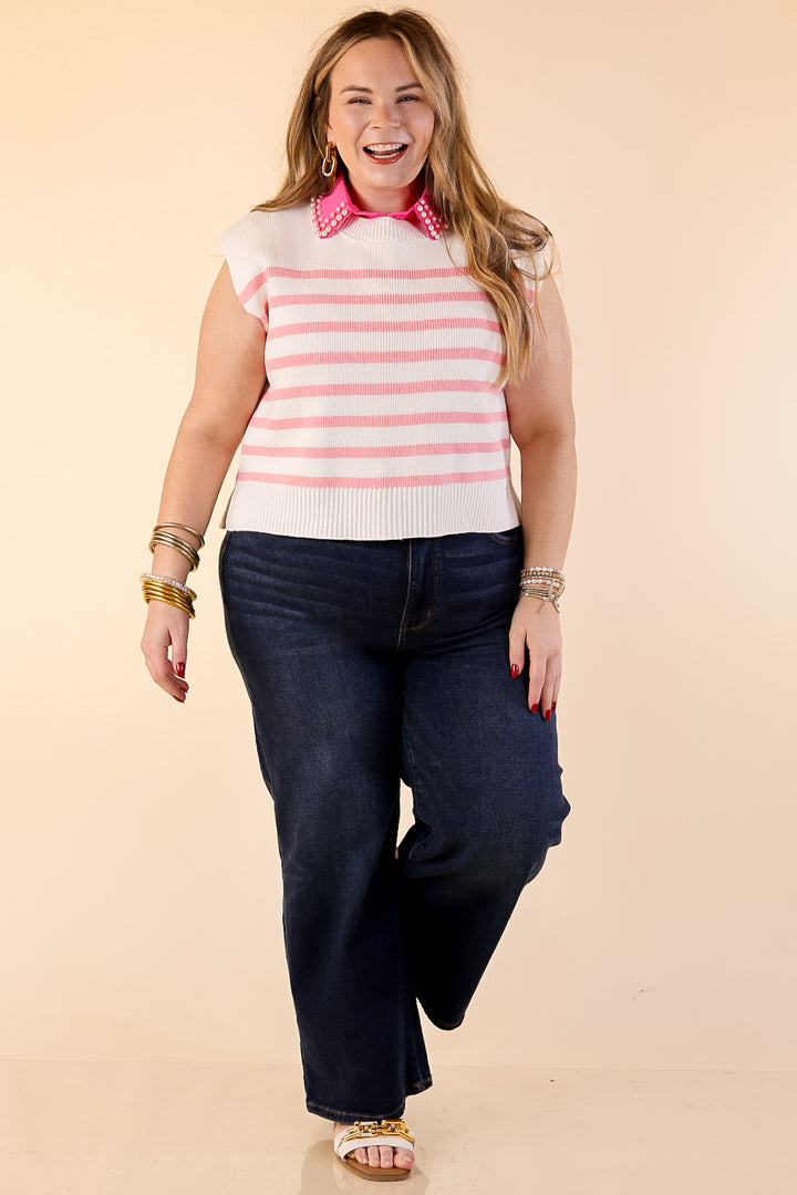 Stripe Things Up Drop Shoulder Knit Sweater in White with Pink Stripes