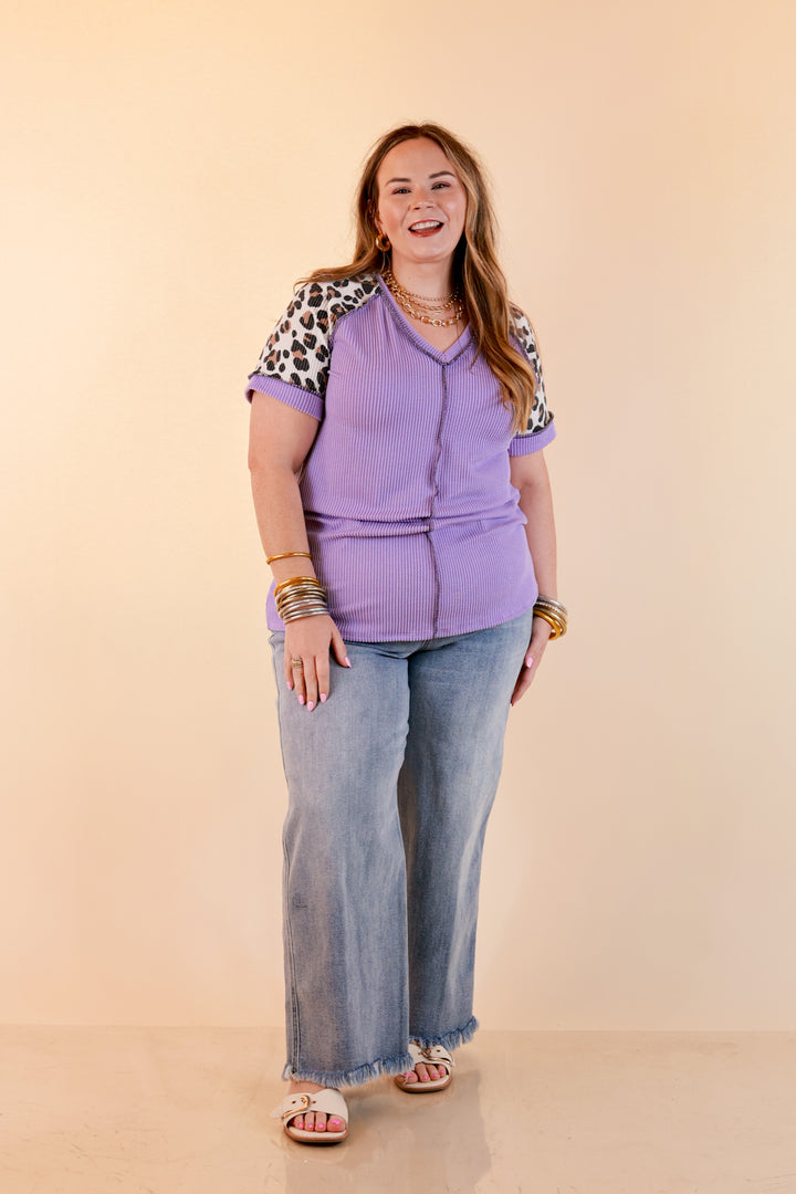 Easy Attraction Waffle Knit V Neck Top with Leopard Print Sleeves in Lavender Purple