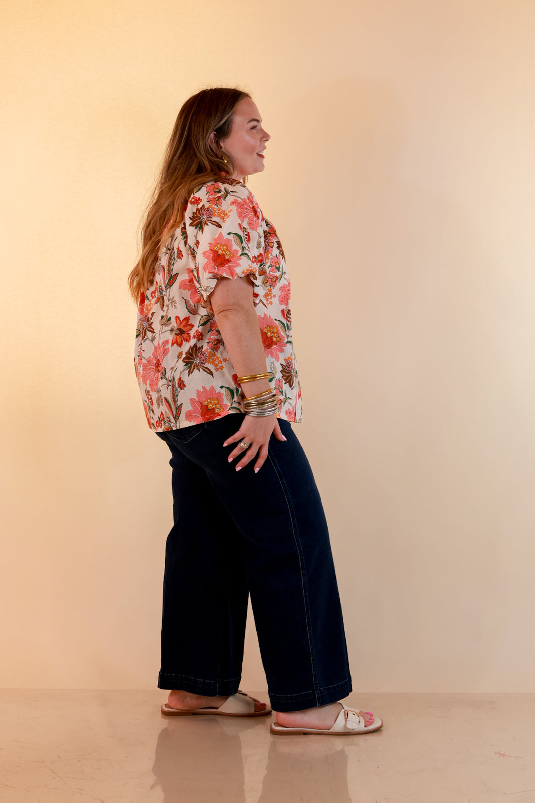 Secret Garden Floral Print Top with Contrast Collar and Puff Sleeves in Pink Multi