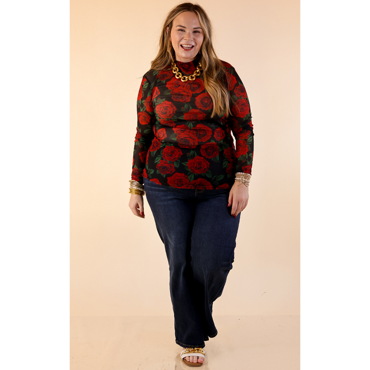 Sheer Confidence Red Rose Print Mesh Long Sleeve Top in Black