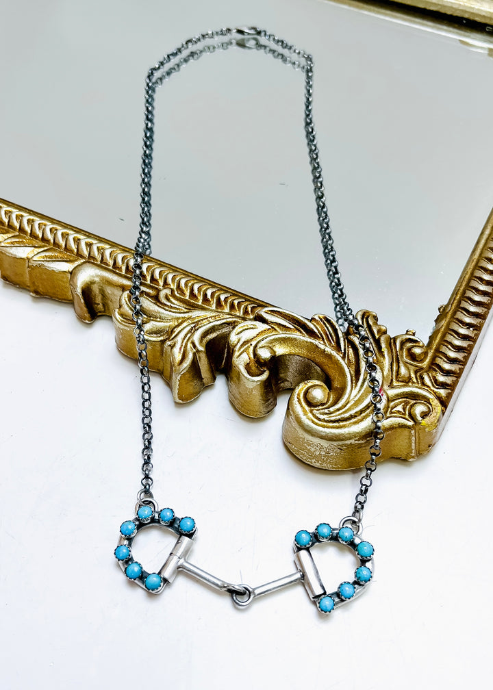 Sterling silver turquoise snaffle bit necklace with adjustable chain, Native American western horse jewelry