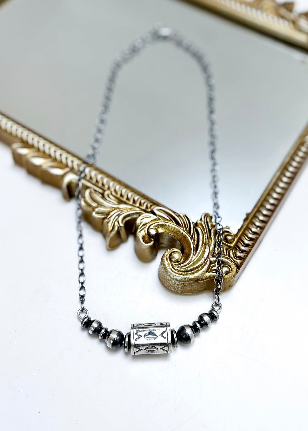Sterling silver Native American necklace with single barrel bead and Navajo pearl accents, minimalist western jewelry