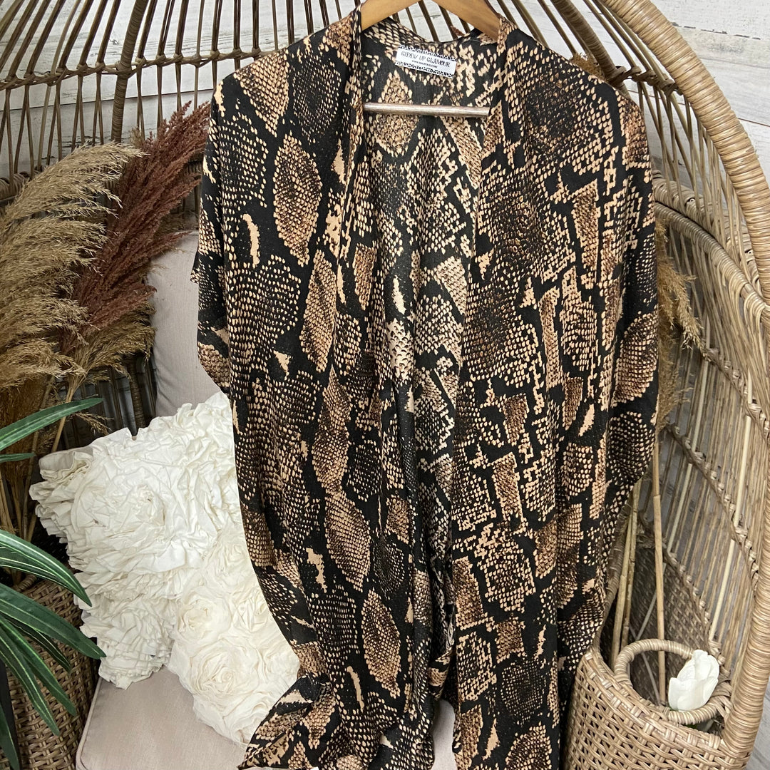 Snake Print Kimono with Open Sides in Brown and Black - Giddy Up Glamour Boutique