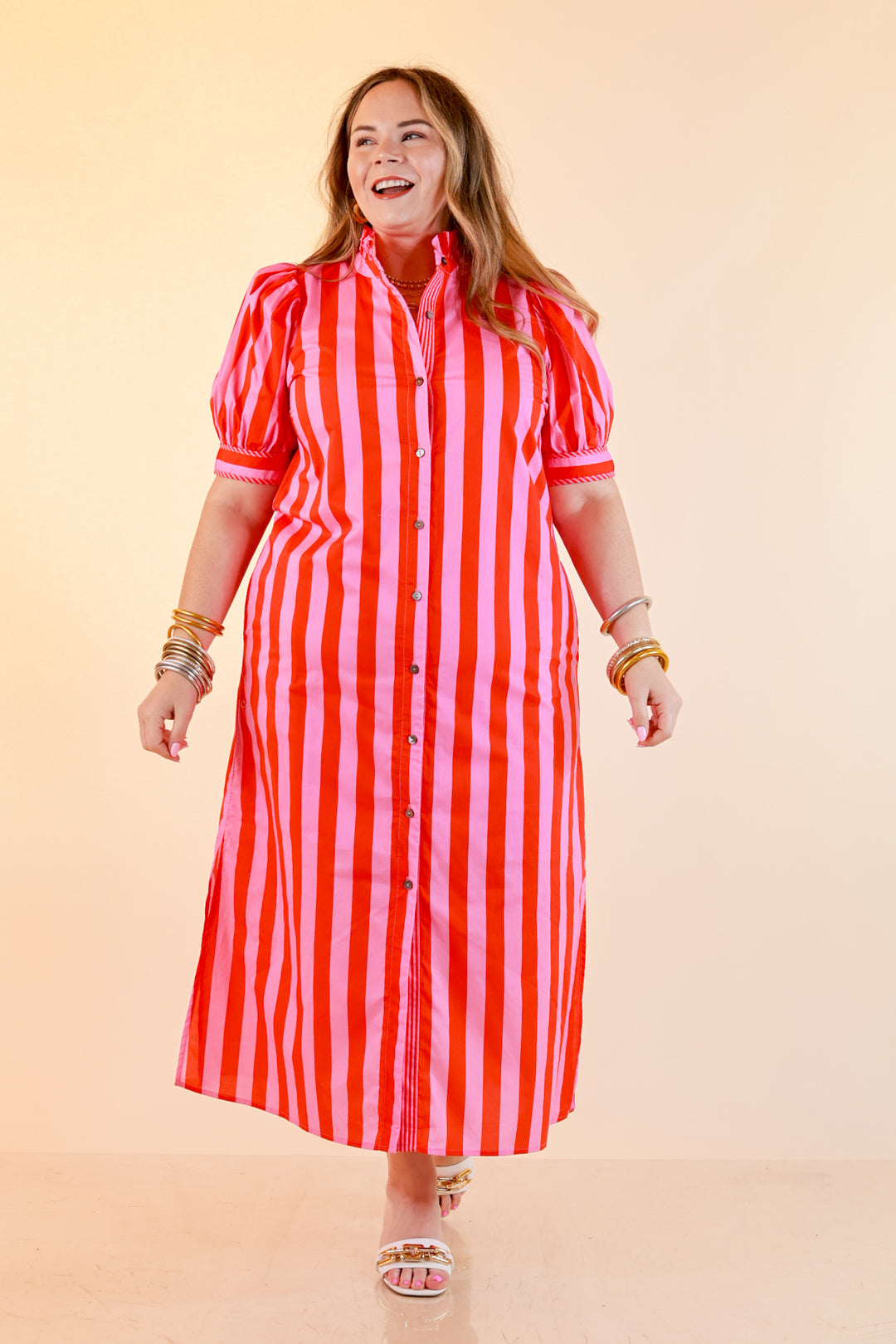 Strut and Shine Stripe Midi Dress with Button Front Detail and Puff Sleeves in Pink and Red
