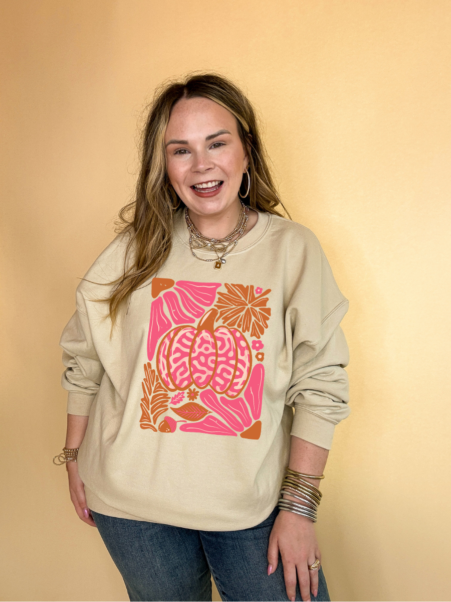 Online Exclusive | Groovy Pink Pumpkin Graphic Sweatshirt in Multiple Color Options