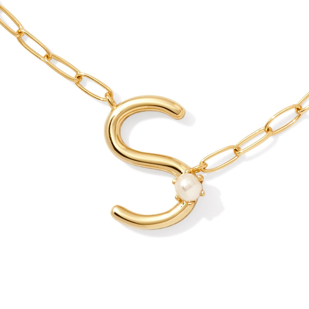 Kendra Scott | Pearl Gold Initial Letter Short Pendant Necklace in White Pearl