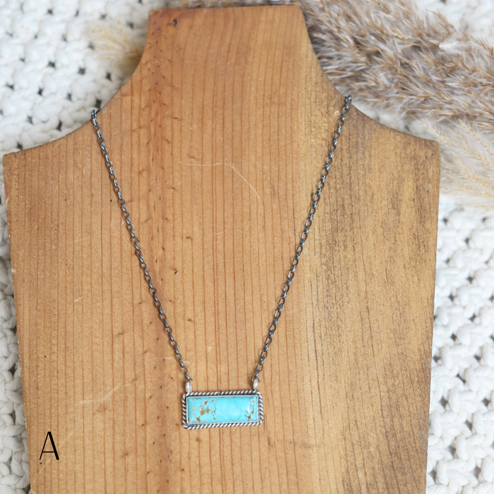 Navajo | Navajo Handmade Sterling Silver Chain Necklace Turquoise Bar Pendant