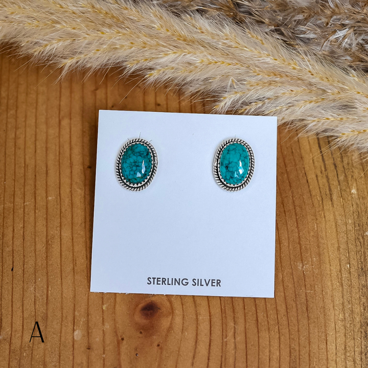 Navajo | Navajo Handmade Sterling Silver Oval Stud Earrings in Turquoise
