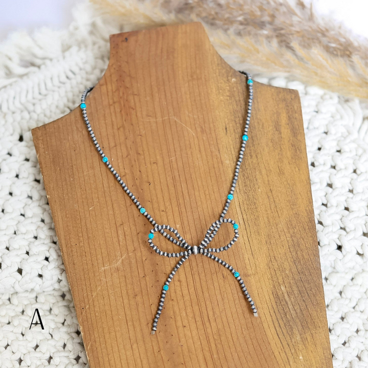 Navajo | Navajo Handmade Sterling Silver Turquoise Pearl Bow Necklace