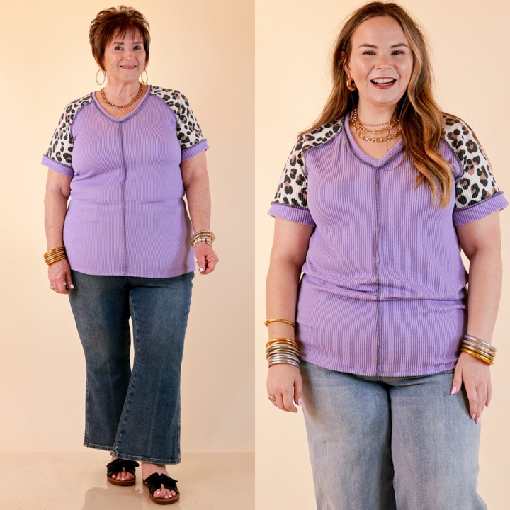 Easy Attraction Waffle Knit V Neck Top with Leopard Print Sleeves in Lavender Purple