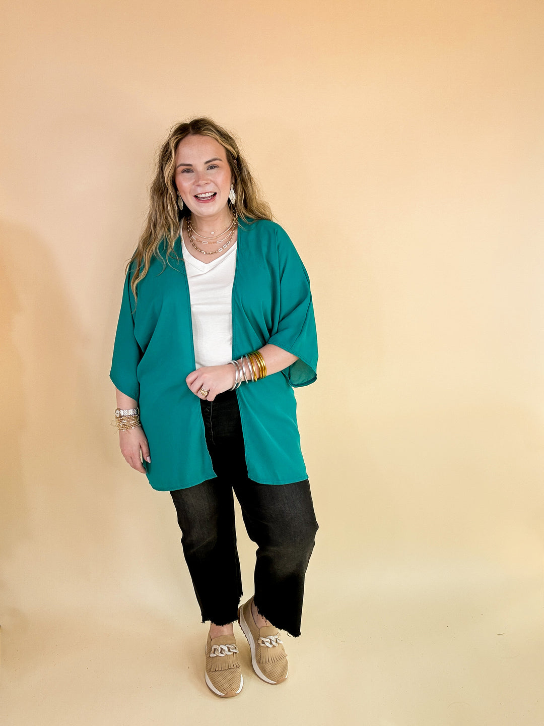 Like a Melody Solid Sheer Kimono in Teal