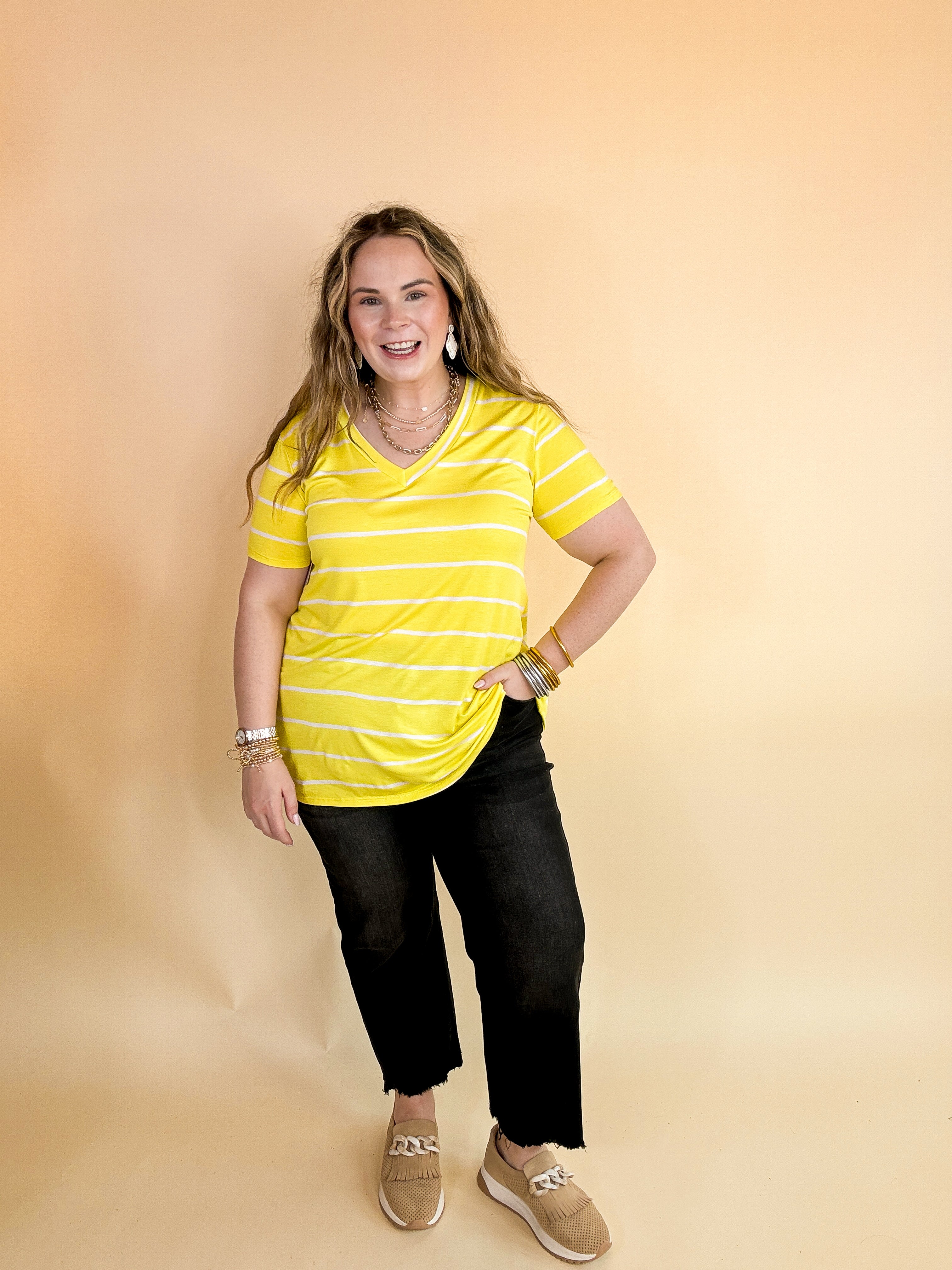 Keep Things Casual Striped V Neck Tee in Yellow