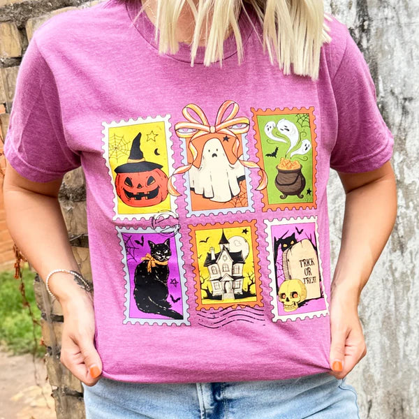 Online Exclusive | Halloween Cartoon Stamps Short Sleeve Graphic Tee in Heather Purple