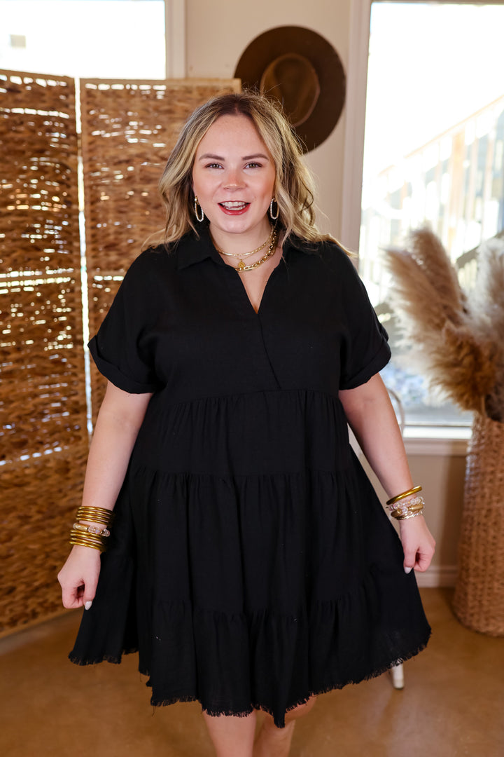 Taos Transitions Ruffle Tiered Collared Dress with Frayed Hem in Black - Giddy Up Glamour Boutique