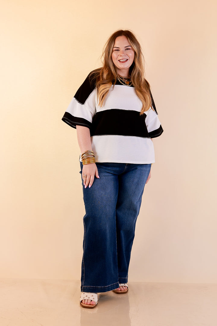 Simply Striking Color Block Rugby Style Wide Stripe Relaxed Short Sleeve Top in Black