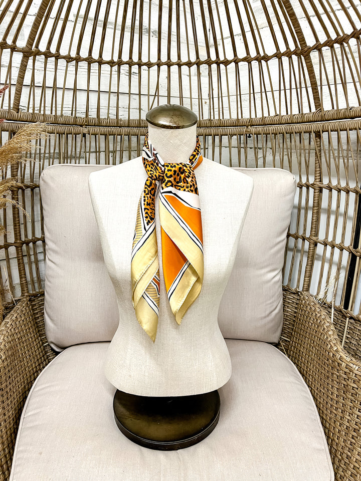 Rodeo Run Western Horse and Leopard Print Silk Feel Square Scarf in Tan