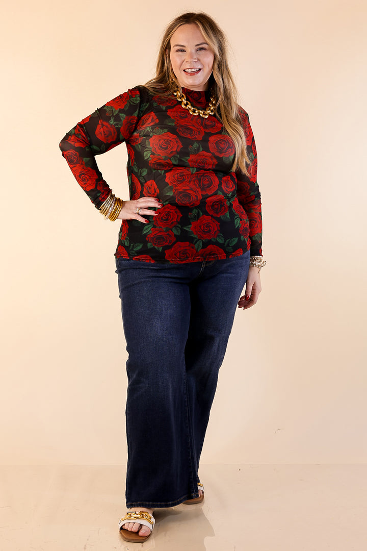 Sheer Confidence Red Rose Print Mesh Long Sleeve Top in Black