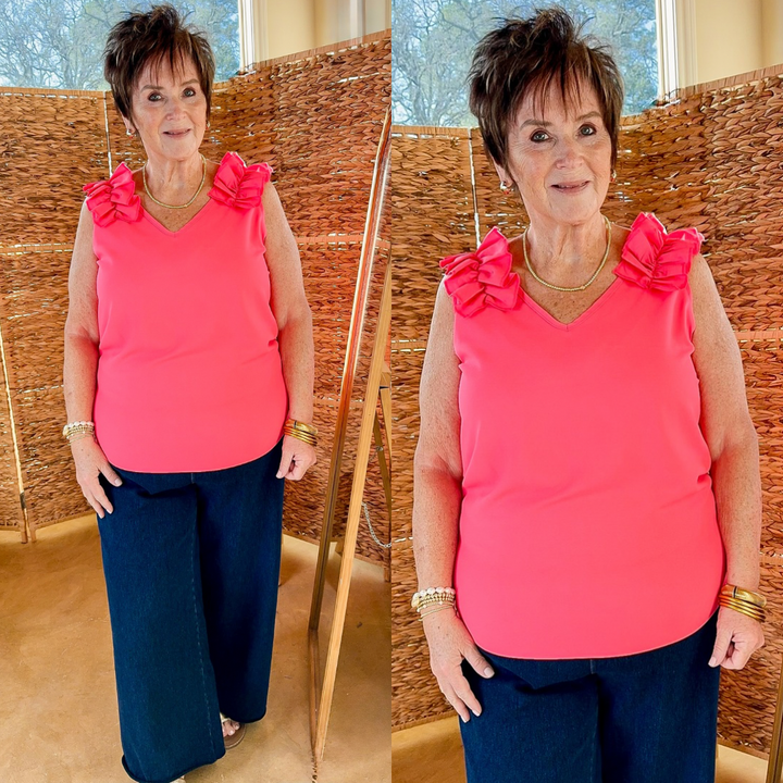 Plus Sizes | Ruffle Trim Sleeveless Top in Neon Pink