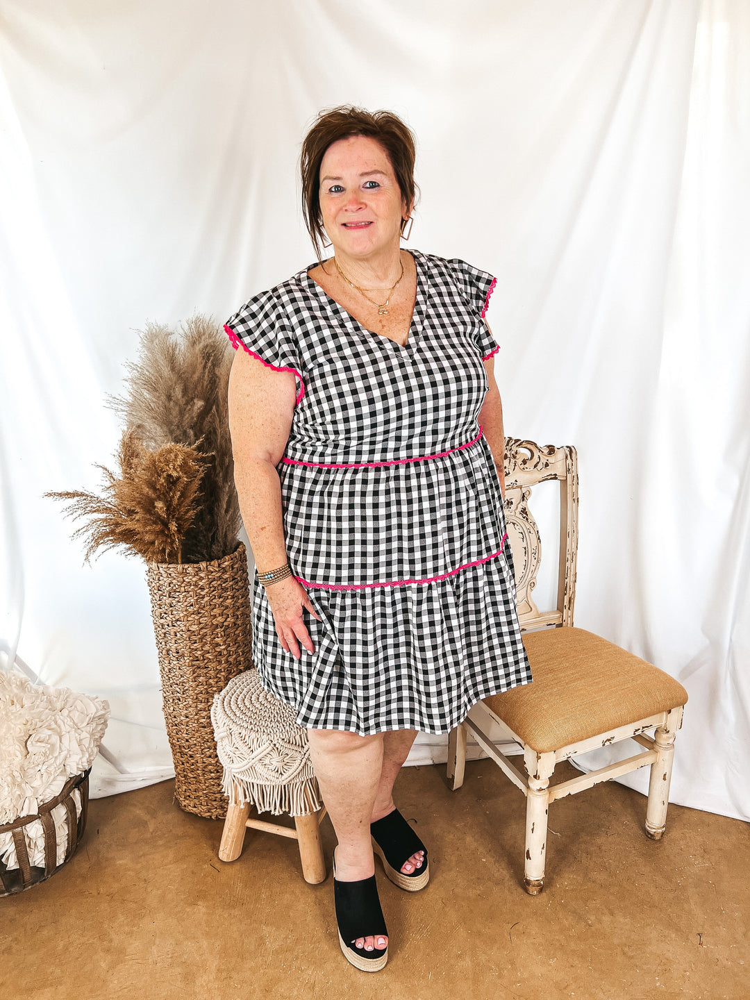 Flirty Mood Gingham Ruffle Tiered Dress with Pink Lace Trim - Giddy Up Glamour Boutique