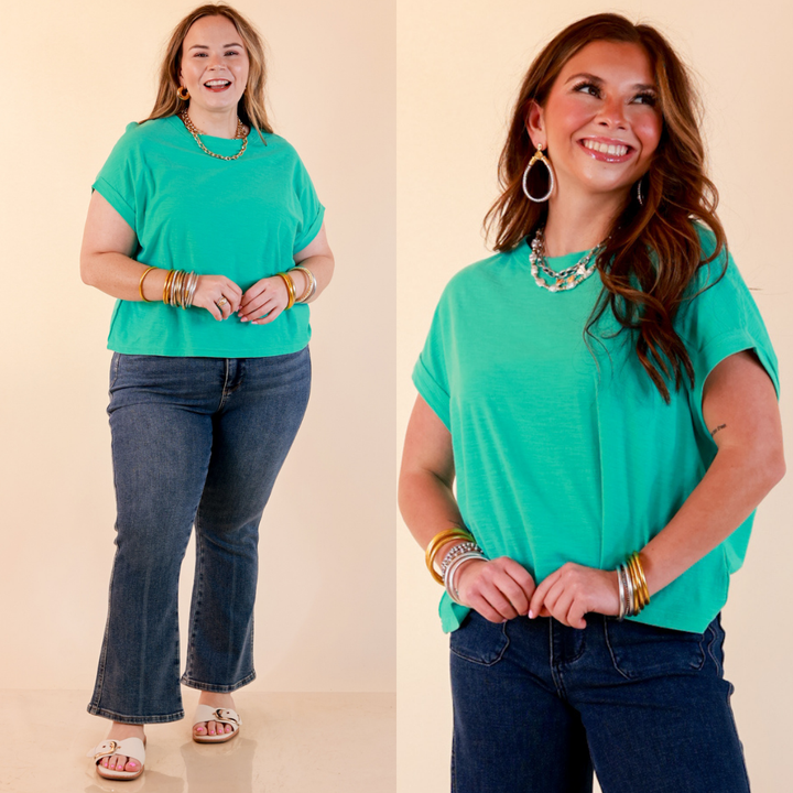 Laidback Luxe Rolled Drop Sleeve Relaxed Fit Basic Short Sleeve Top in Mint Blue