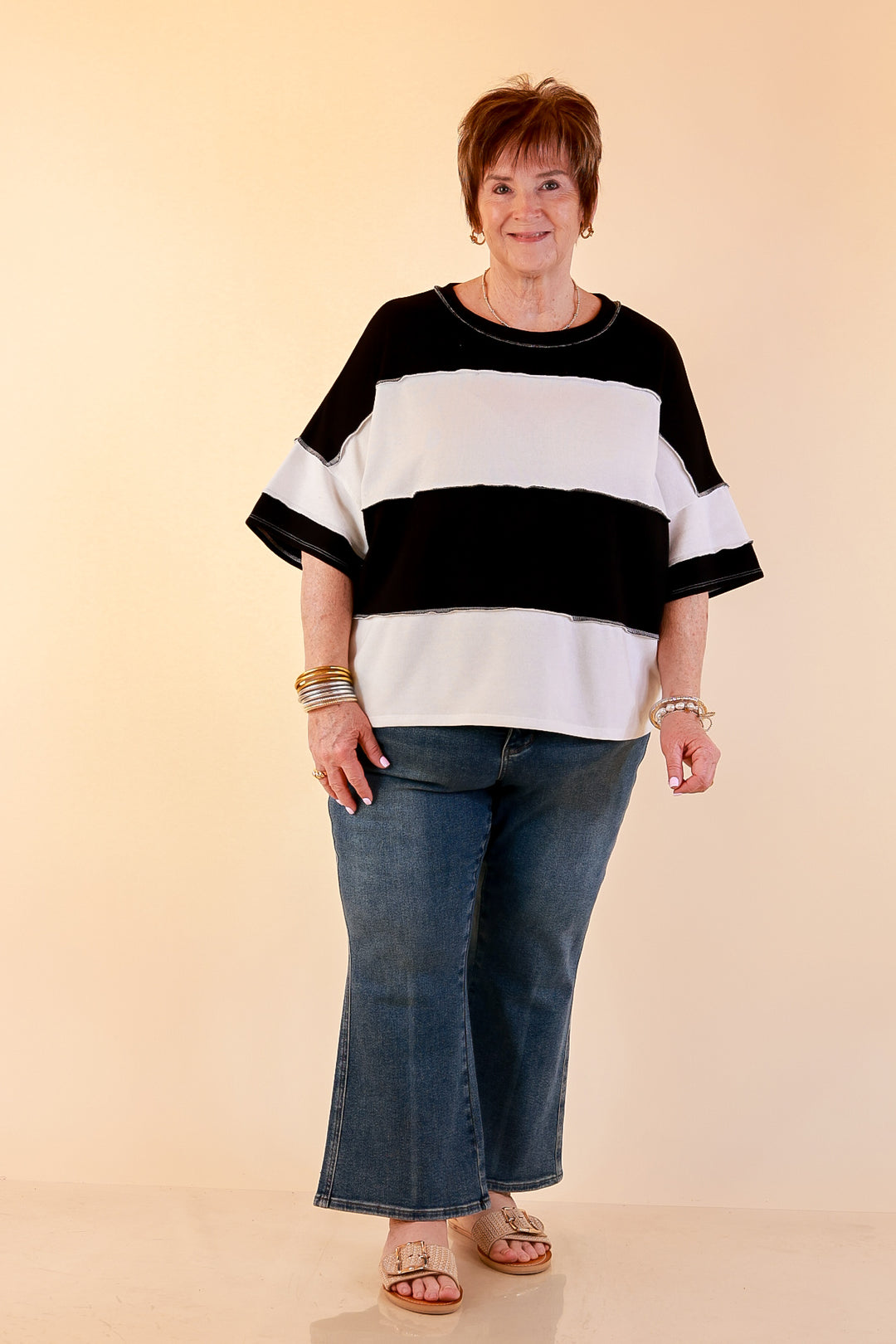 Simply Striking Color Block Rugby Style Wide Stripe Relaxed Short Sleeve Top in Black