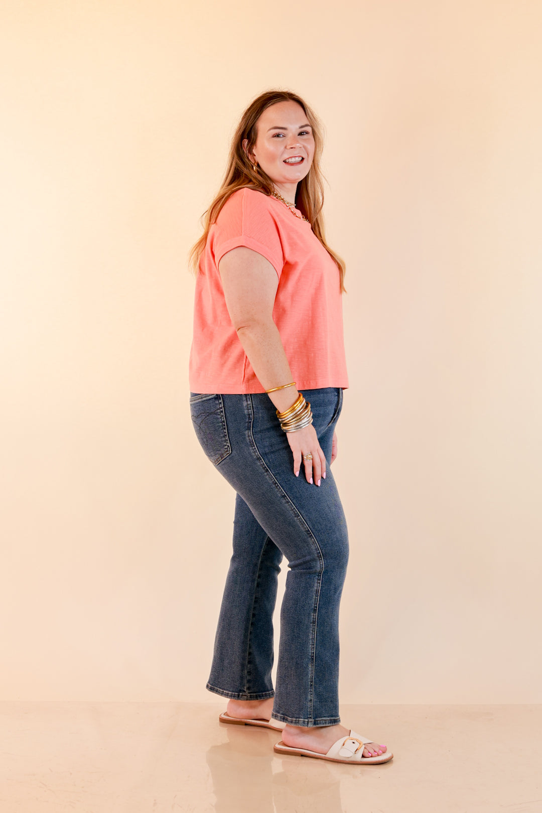 Laidback Luxe Rolled Drop Sleeve Relaxed Fit Basic Short Sleeve Top in Coral Orange