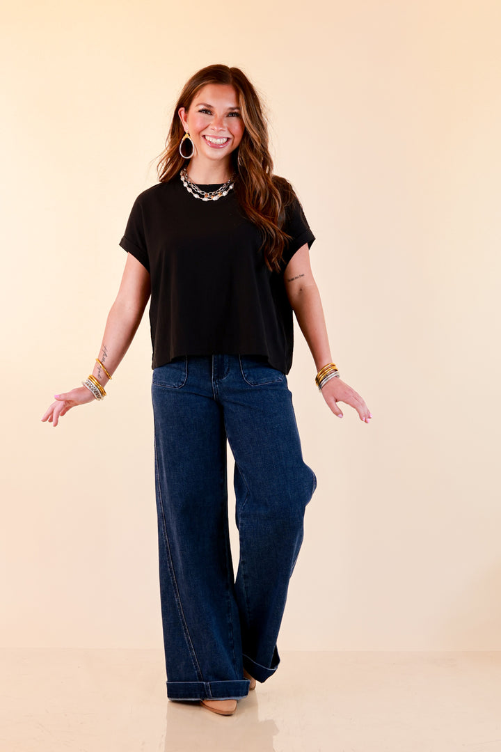 Laidback Luxe Rolled Drop Sleeve Relaxed Fit Basic Short Sleeve Top in Black