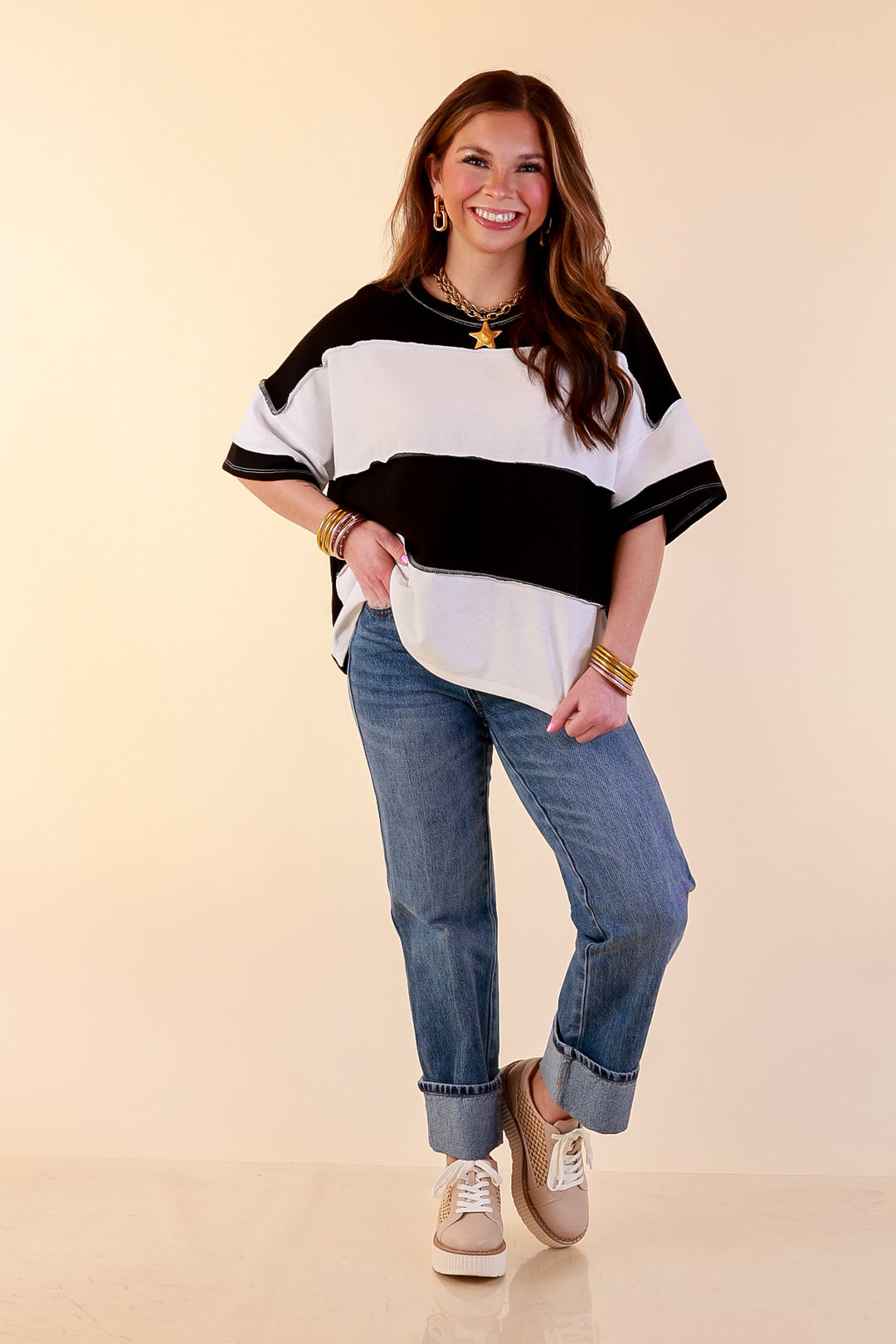 Simply Striking Color Block Rugby Style Wide Stripe Relaxed Short Sleeve Top in Black