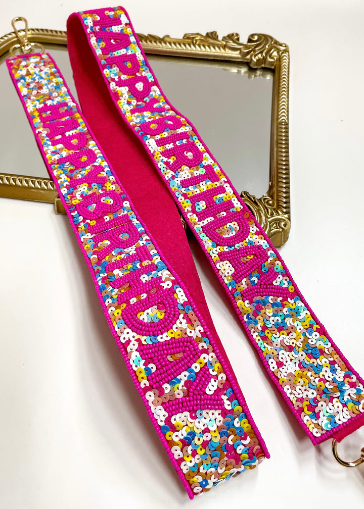 Colorful sequin strap with 'Happy Birthday' text on a white background