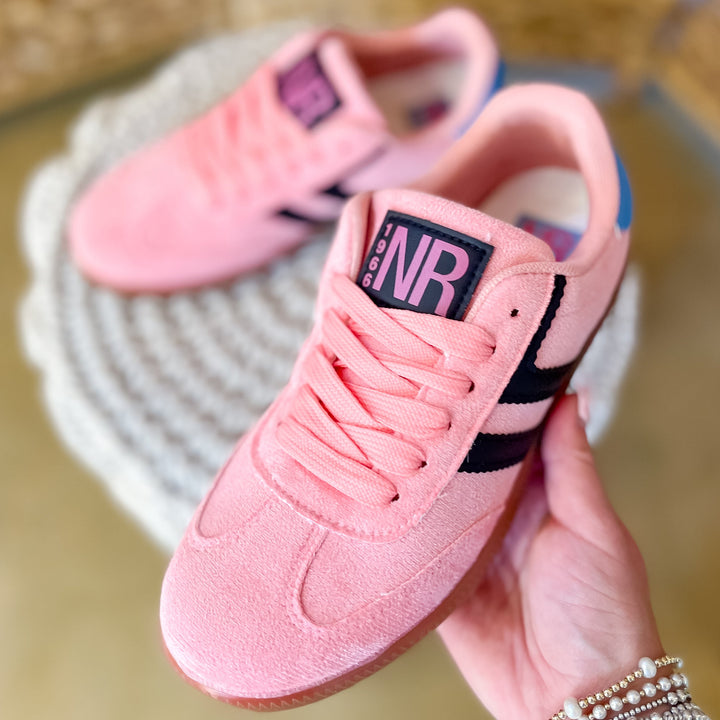 Naughty Monkey | Right on Track Retro Lace-Up Sneaker in Pink with Black Stripes