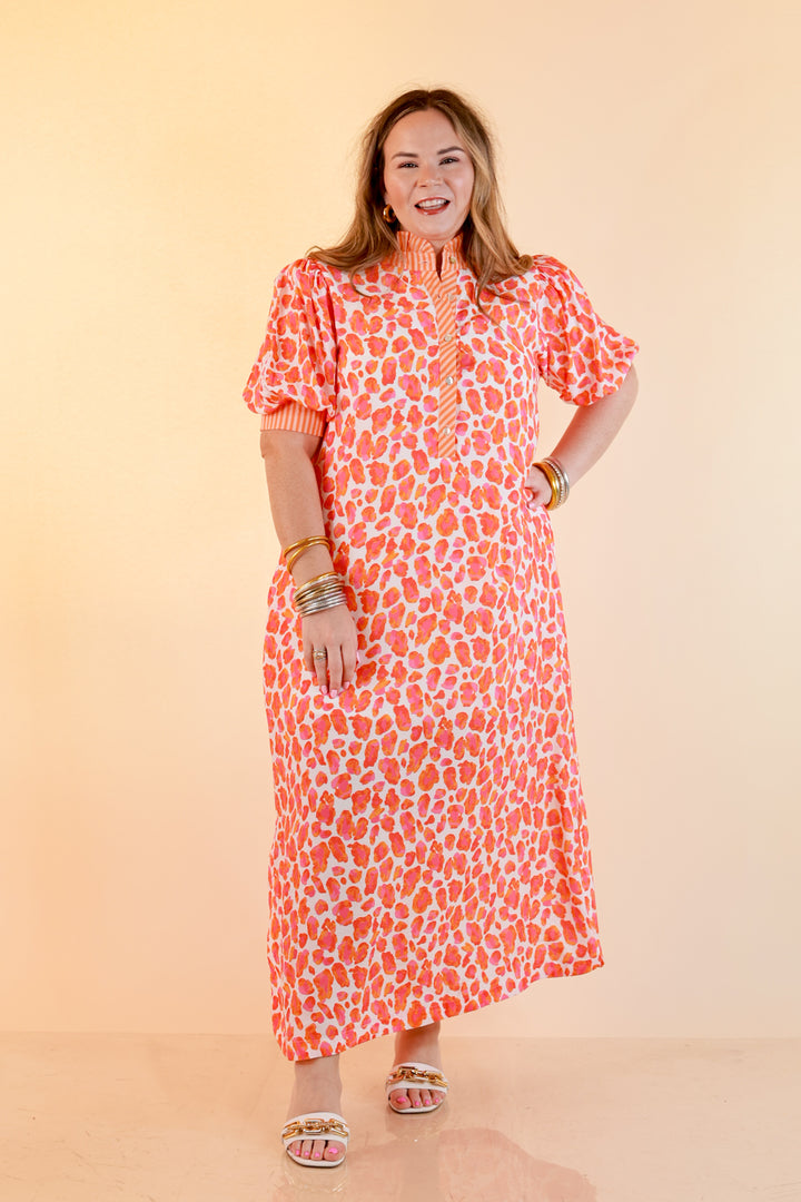 Feeling Extra Leopard Print Midi Dress with Stripe Contrast Collar and Puff Sleeves in Pink and Orange
