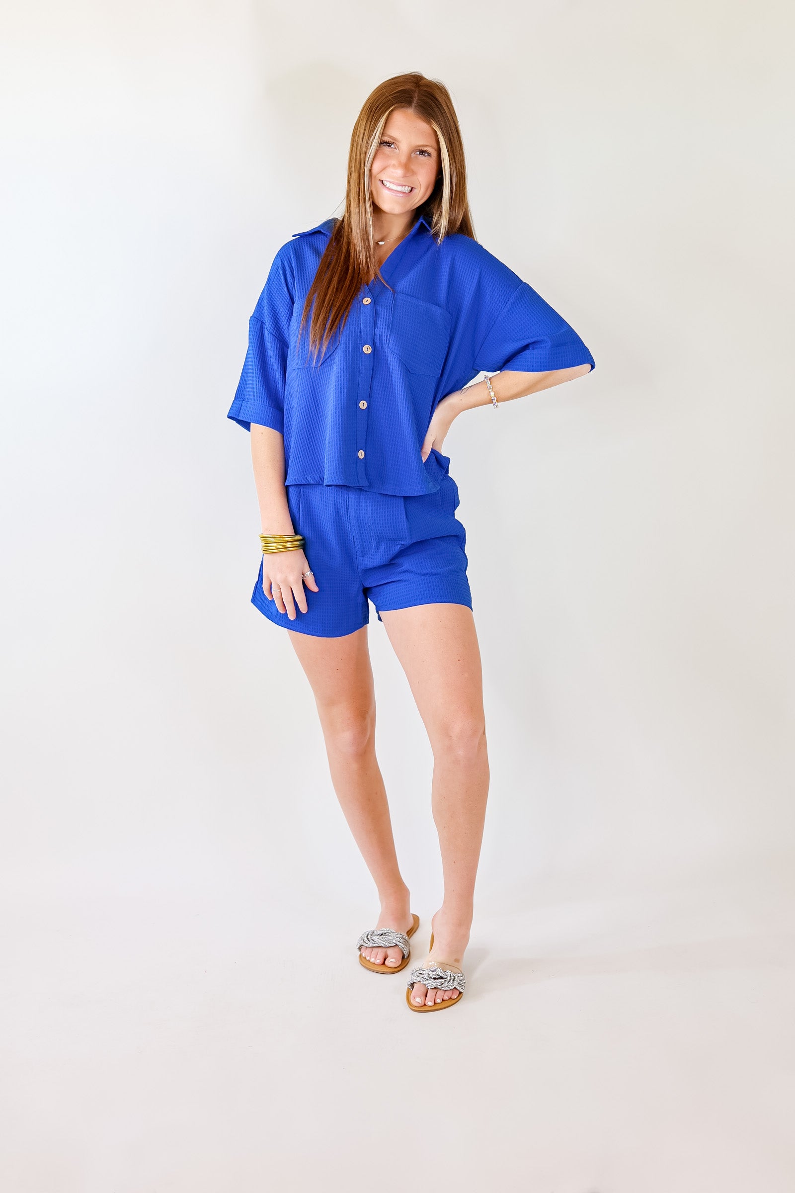 Time To Go Waffle Weave Button Up Top in Royal Blue - Giddy Up Glamour Boutique