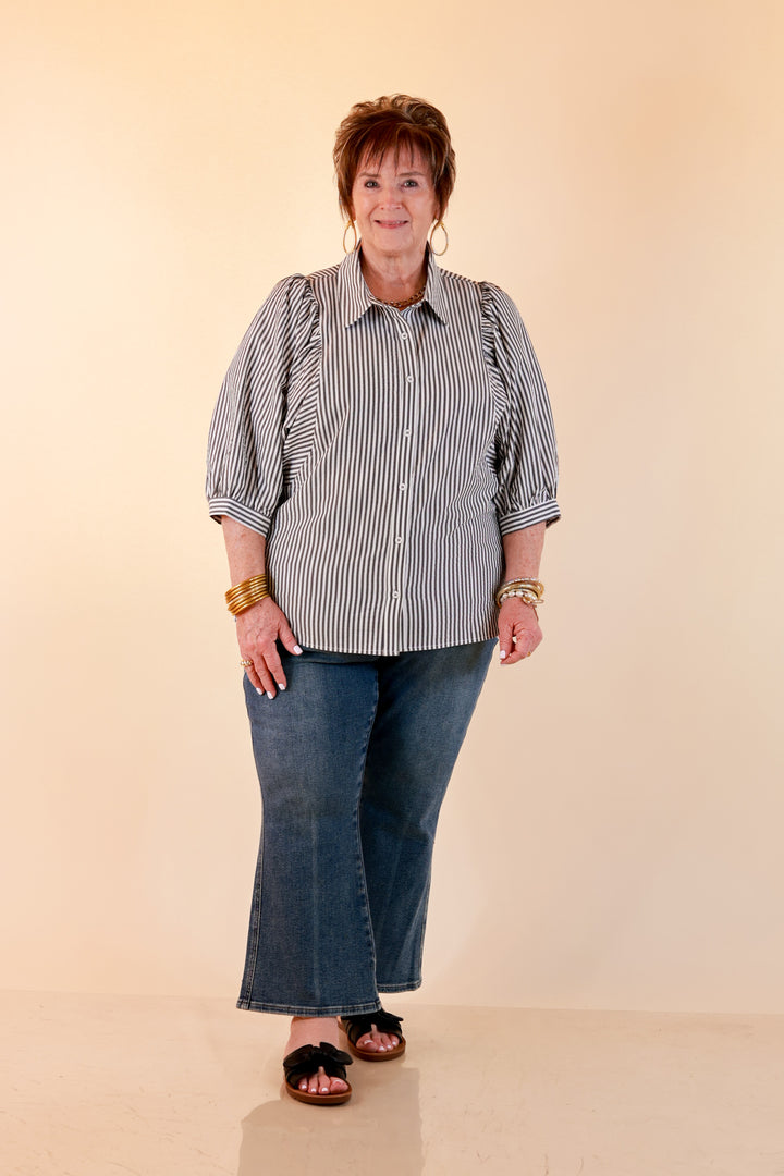 Crisp and Collected Stripe Button Front Collared Top with Puff Short Sleeves in Black and White