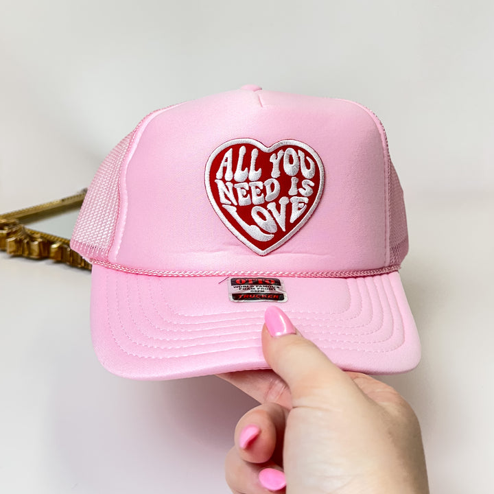 All You Need Is Love Heart Patch Foam Trucker Hat in Light Pink - Giddy Up Glamour Boutique