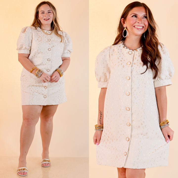 Bold Bliss Button Front Puff Sleeve Metallic Leopard Print Statement Dress in White