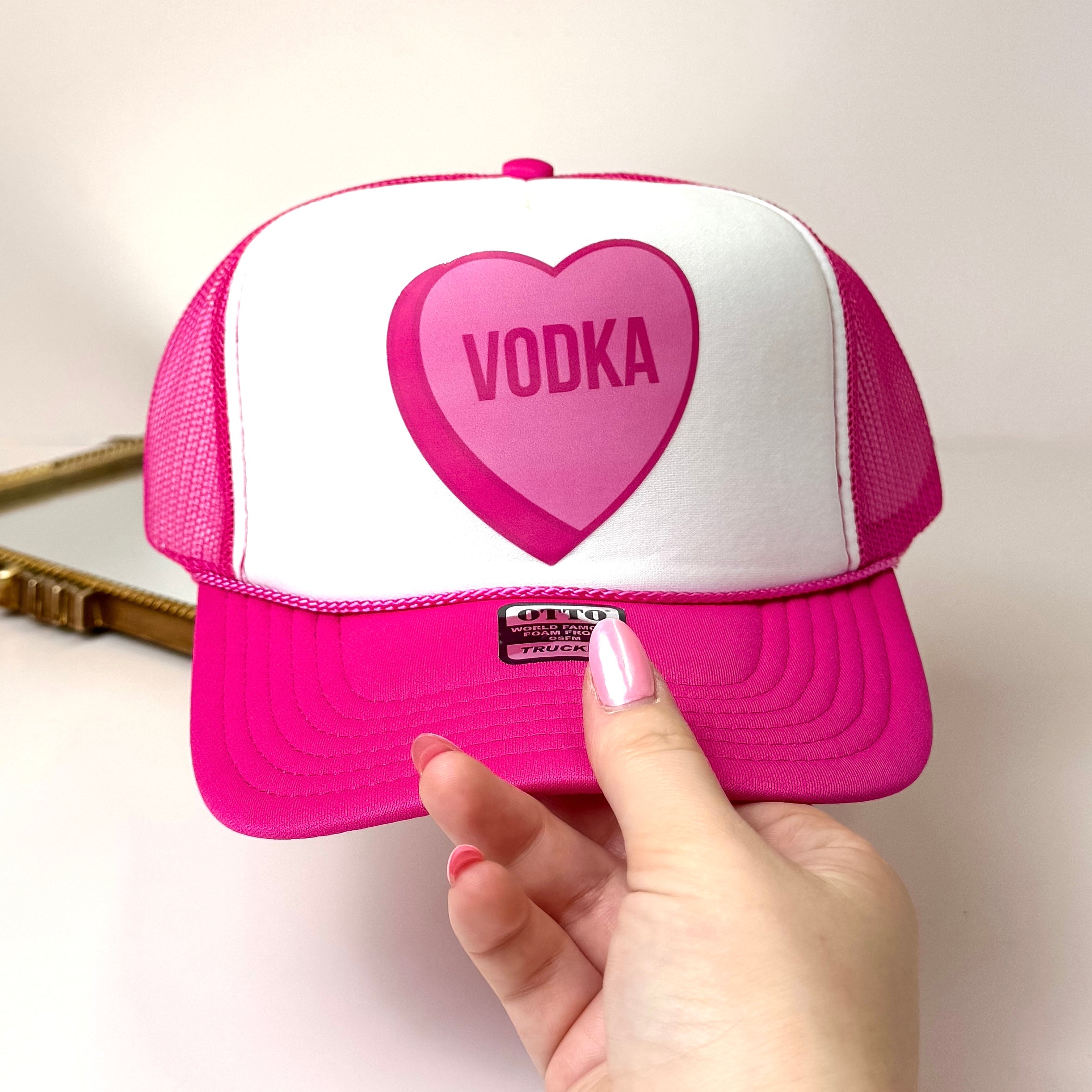 Vodka Conversation Heart Foam Trucker Hat in Hot Pink and White - Giddy Up Glamour Boutique