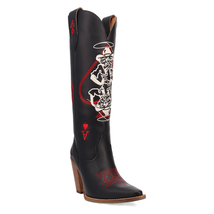 A 15 inch shaft black leather boot made for all the card players! On the front shaft is a cowgirl surrounded by a red spade and the A from your traditional playing cards. The toe also has the classic boot stitching in red and all 4 of the playing card symbols! Diamond, spade, heart and club.