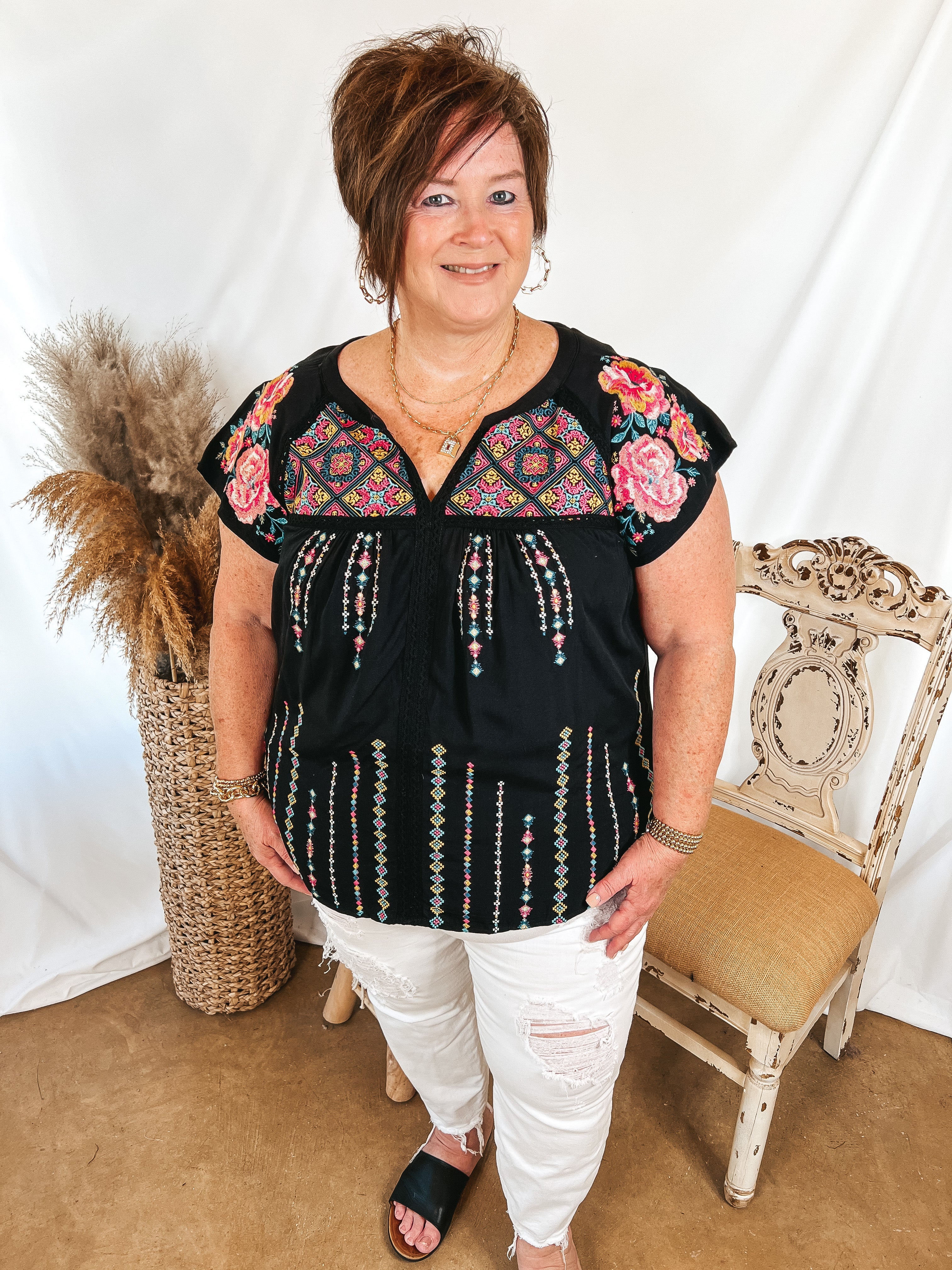 On A Journey Floral Embroidered V Notched Blouse in Black - Giddy Up Glamour Boutique