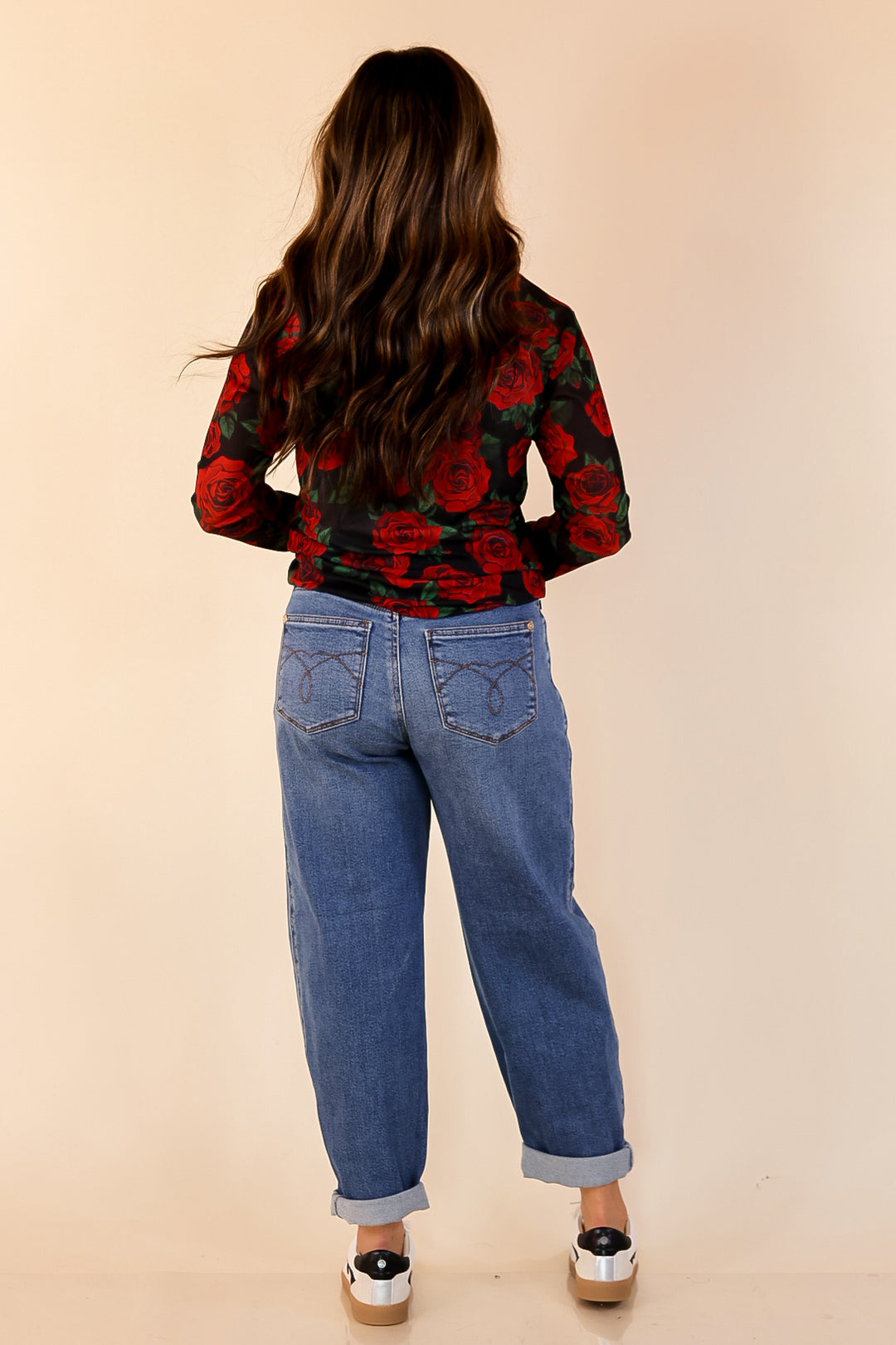 Sheer Confidence Red Rose Print Mesh Long Sleeve Top in Black