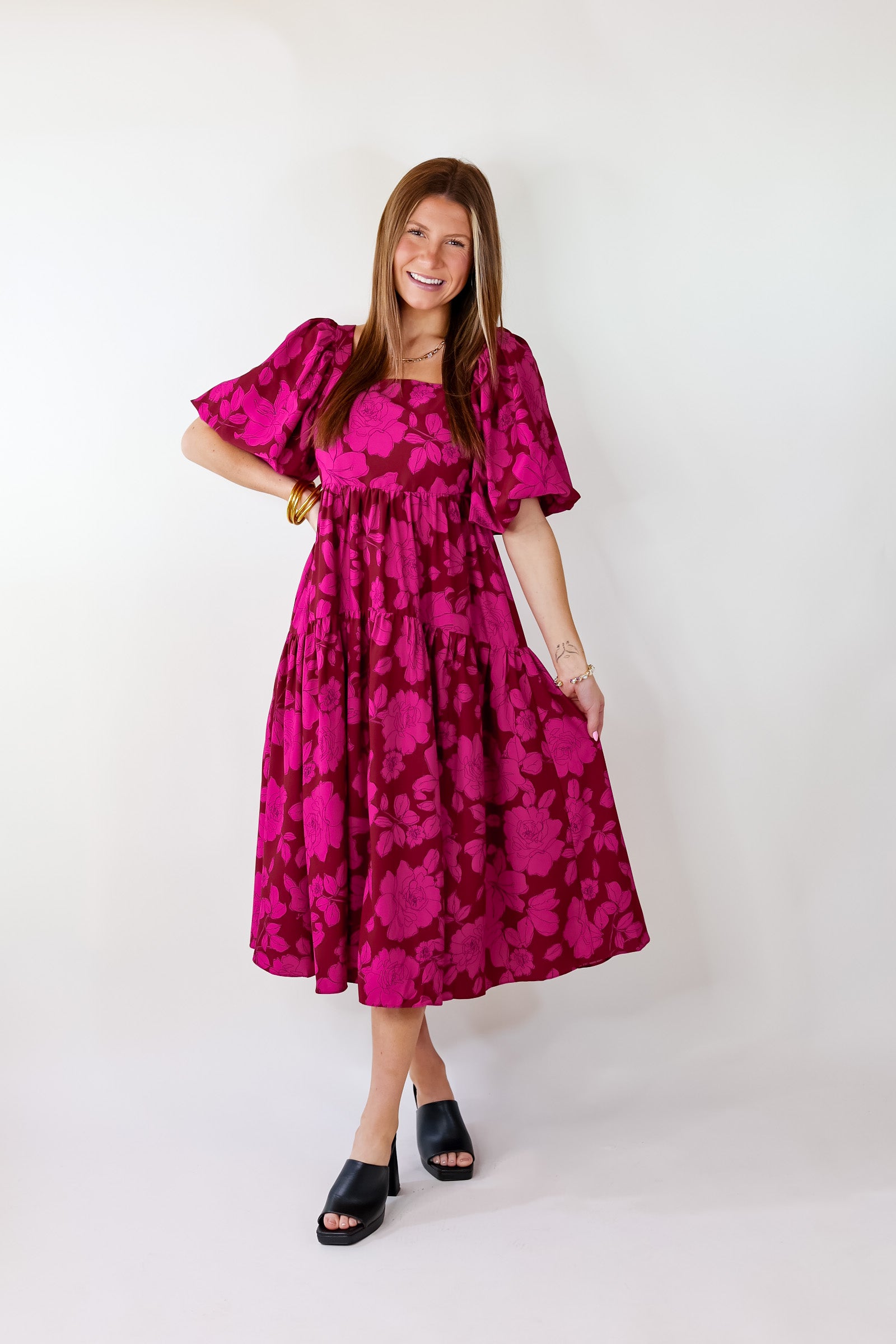 Floral Fascination Tiered Midi Dress In Brick Red and Pink