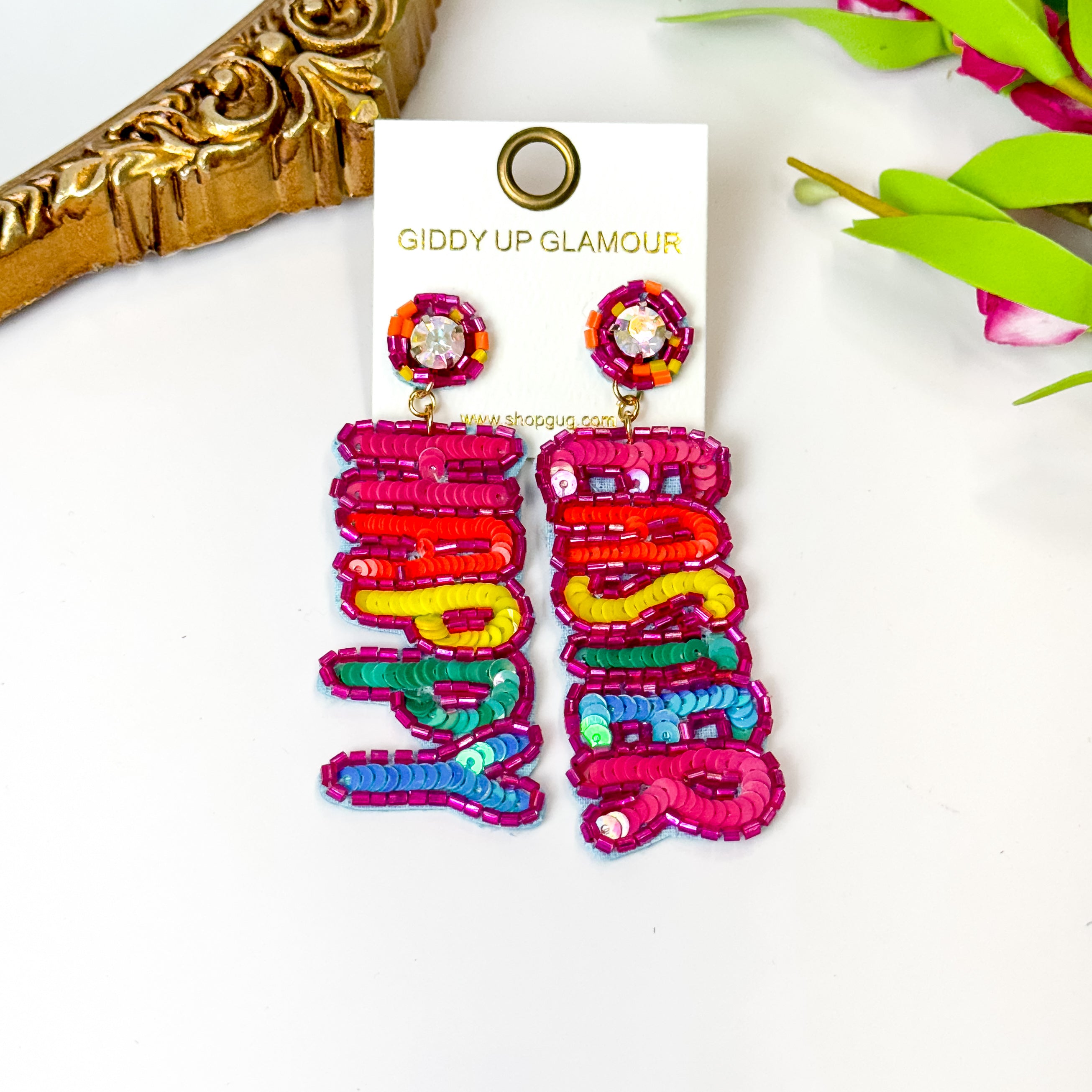 Happy Easter Pink Outline Beaded Earrings in Pink, Orange, Yellow, Green and Blue - Giddy Up Glamour Boutique