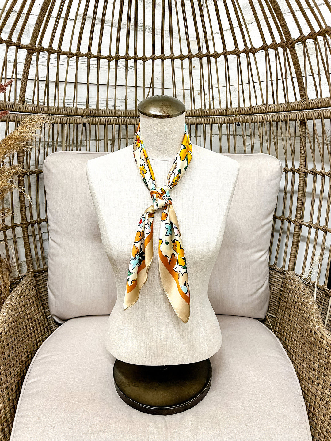 Retro Meadow Floral Print Silk Feel Square Scarf in Taupe, Rust and Teal