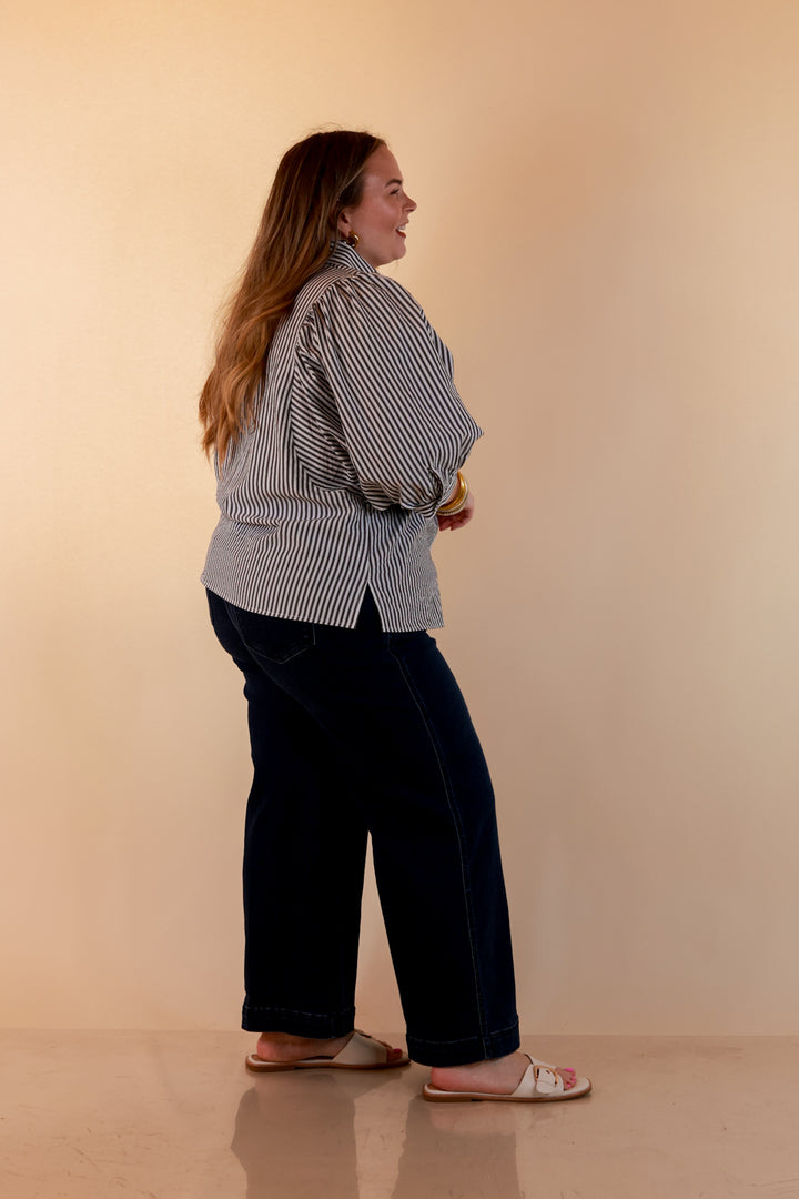 Crisp and Collected Stripe Button Front Collared Top with Puff Short Sleeves in Black and White