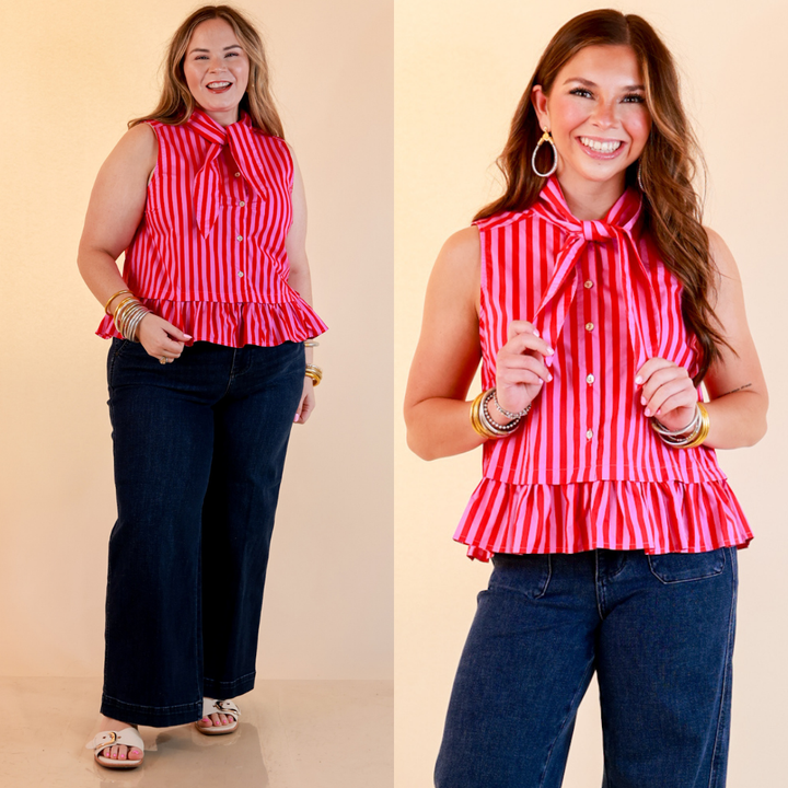 Sweet with Sass Stripe Sleeveless Tie Neck Top with Ruffle Hem in Pink and Red