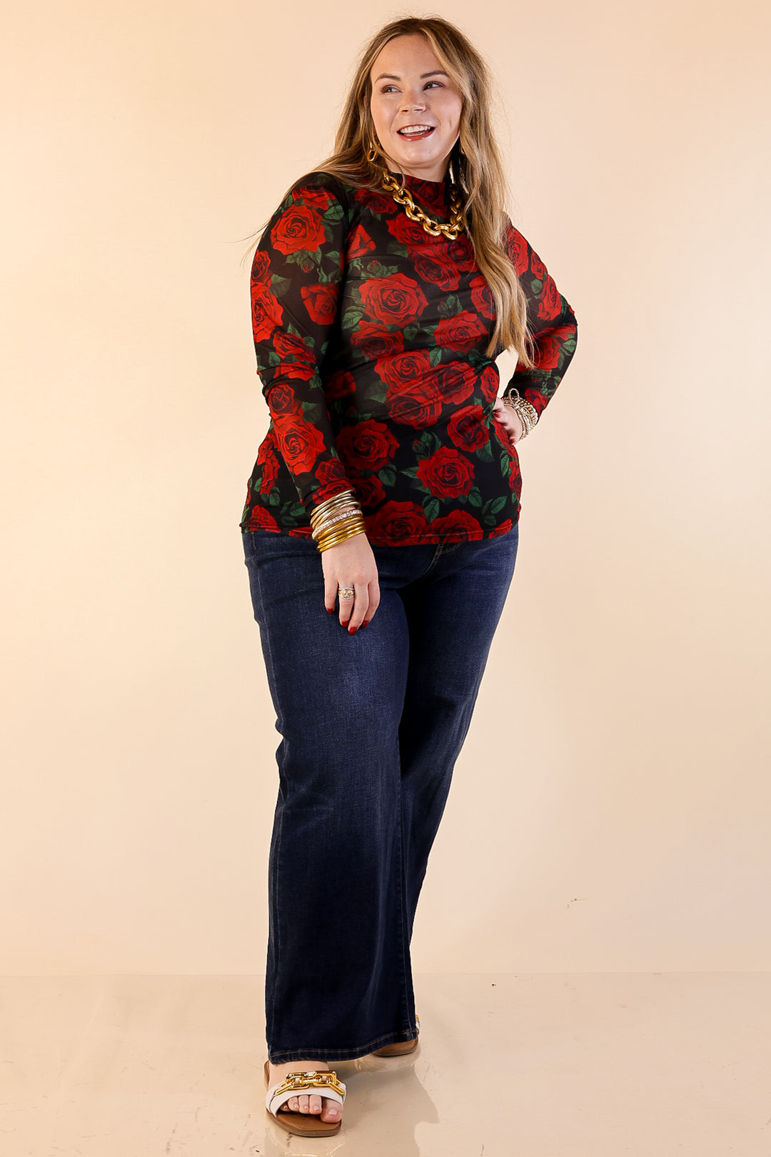 Sheer Confidence Red Rose Print Mesh Long Sleeve Top in Black