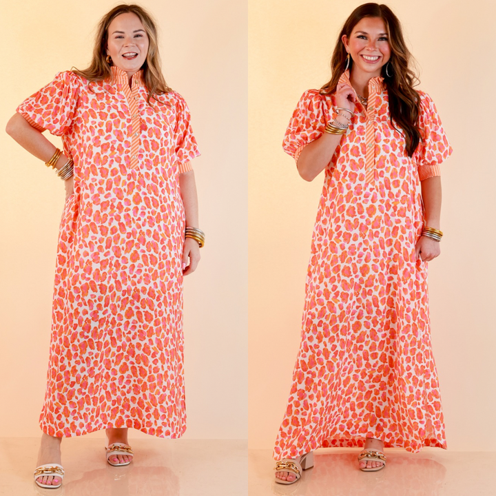 Feeling Extra Leopard Print Midi Dress with Stripe Contrast Collar and Puff Sleeves in Pink and Orange