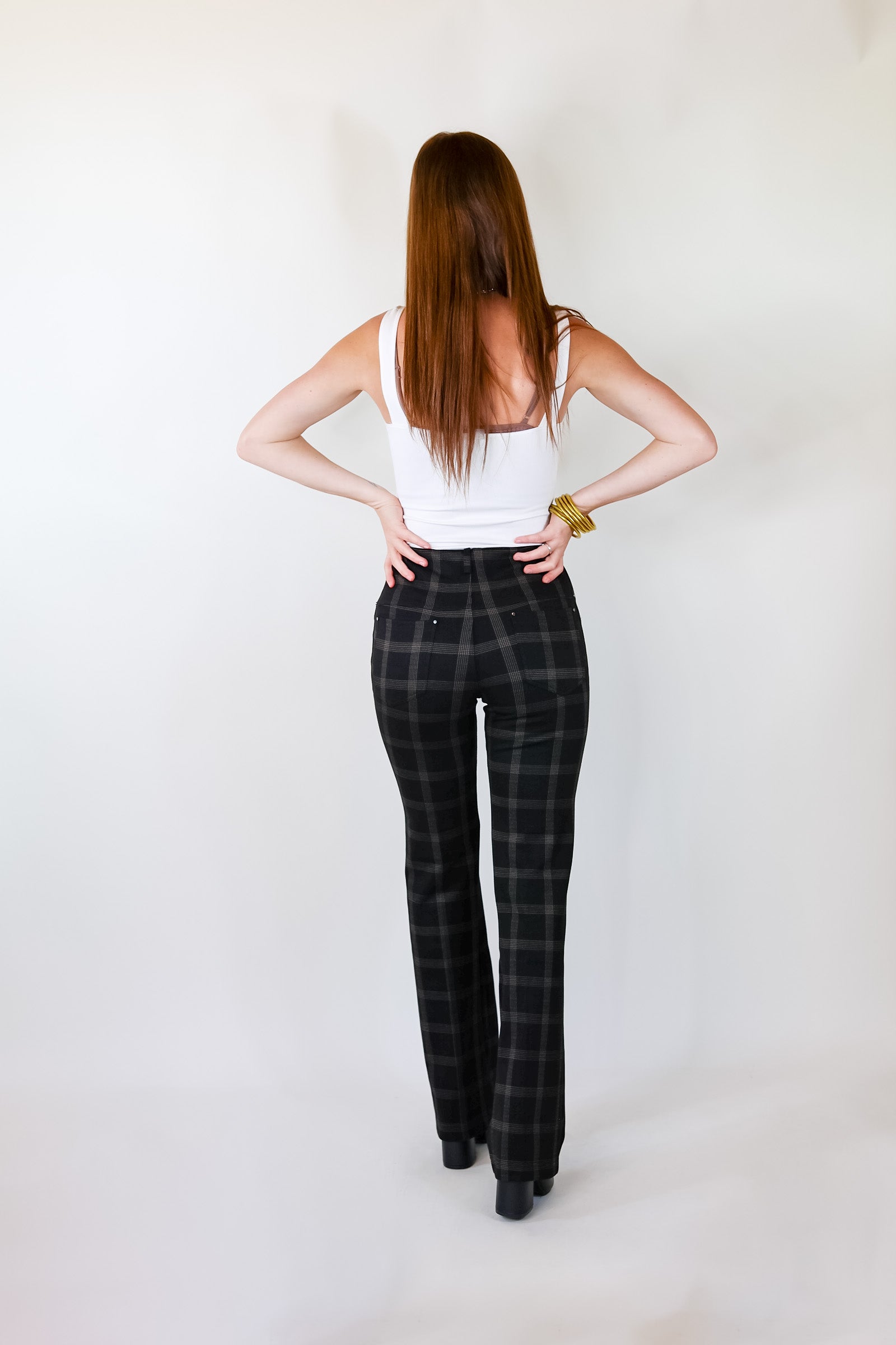 Lyssé | Plaid Baby Bootcut Pants in Black - Giddy Up Glamour Boutique