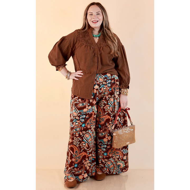 A Fine Line Smocked Ruffle Neck Long Sleeve Striped Button Front Blouse in Chocolate Brown