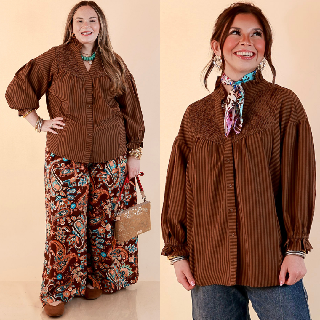 A Fine Line Smocked Ruffle Neck Long Sleeve Striped Button Front Blouse in Chocolate Brown